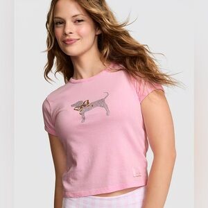 PINK x LoveShackFancy Retro Cotton pink tee bling rhinestones dog mascot NWT XS
